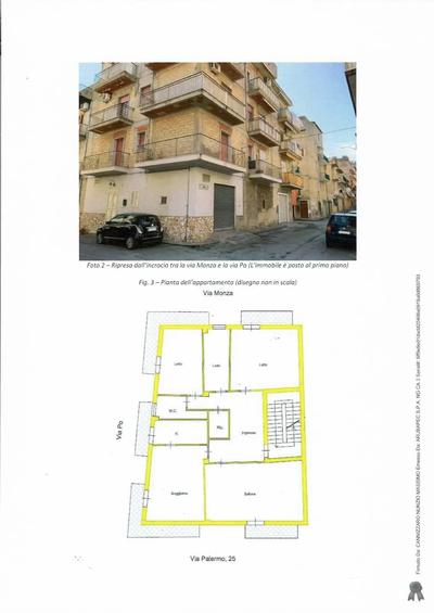 Appartamento posto al primo piano, sito nel Comune di Gela Via Palermo n. 25 angolo Via Monza e Via Po, identificato al N.C.E.U. foglio 187, particella n. 13 sub3, composto cinque vani e accessori con superficie utile mq 147 circa, con balconi sui tre prospetti per mq 32 circa