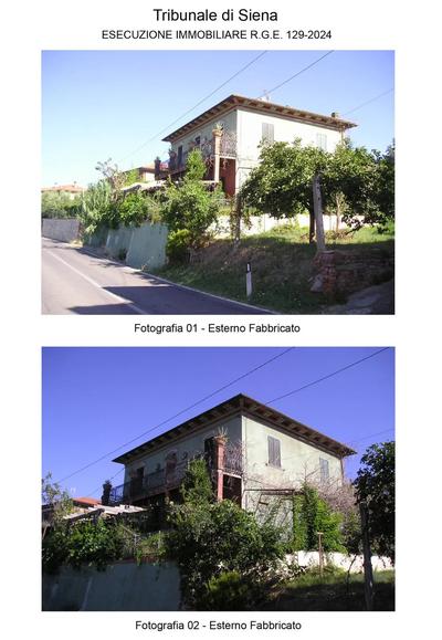Diritto di Piena Proprietà (1/1) su  Villino autonomo, costituito da Abitazione e Autorimessa, oltre pertinenze su cui insiste Piscina scoperta, in  Comune di Montepulciano (SI) – Fraz. Acquaviva, Via Senese n.12. Abitazione composta al Piano Terra da Portico , Ingresso, Tinello, Cucina Disimpegno, Soggiorno, Servizio Igienico, Ripostiglio, al Piano Primo Disimpegno, quattro Camere da Letto e un Servizio Igienico, oltre Terrazzo, Cantina.  