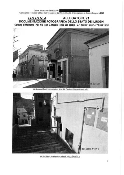 Piena proprietà di fabbricato a destinazione mista (deposito-attività commerciale-abitazione) in Moliterno posto tra via San Biagio e via Mazzini composto da più livelli e precisamente: piano sottostrada ad uso deposito, piano terra destinato ad attività commerciale e da primo piano e secondo piano (sottotetto) ad uso abitativo, il tutto riportato in catasto fabbricati del Comune di Moliterno al foglio 16 particelle: 773 sub 1; 773 sub 2; 773 sub 3. 