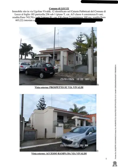 Piena proprietà per la quota 1/1 di LOTTO UNICO: abitazione a P.t. e garage con deposito e wc al piano S1 in Lecce Frazione di San Cataldo, Via Ugolino Vivaldi n. 12
