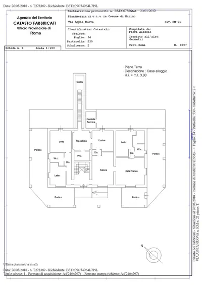 Villa, sita in Marino (Rm), Via Appia Nuova km. 21, identificata al Catasto Terreni al fg. 34, part. 497, qualità vigneto – fg. 34, part. 495, qualità vigneto – fg. 34, part. 496, qualità vigneto. Identificato al catasto fabbricati – fg. 34, part. 530, sub. 2, cat. D2 – fg. 34, part. 530, sub. 3, categoria D2, fg. 34, part. 530, sub. 4, cat. A/7, mq. 953,09. Nello stato di fatto e diritto in cui si trova e liberi. Il tutto come meglio specificato nella relazione tecnica di stima.
