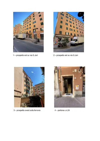 In Comune di Genova (GE), quartiere di Rivarolo, il 100% della piena proprietà dell'appartamento segnato con il numero civico 24 (ventiquattro) di Via Germano Jori, posto al piano sesto (sette f.t.) e contraddistinto dal numero interno 12 (dodici), composto da ingresso/soggiorno, due camere, cucina, bagno e poggiolo su cui insiste un ripostiglio, per una superficie convenzionale complessiva di circa 81,52 mq.