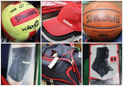 Lotto 3: accessori ed attrezzature complementari per lo sport di vario genere per circa 323 pz. come borse, palloni (pallavolo e basket) ginocchiere, cavigliere, borracce, cappellini, ecc.