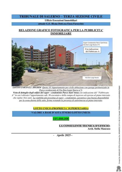 Proprietà Superficiaria di Appartamento con Garage ubicato nel Comune di Battipaglia in località Sant’Anna, alla Via Don Luigi Sturzo n°3, nell’ambito del Super Condominio “Parco Sant’Anna”