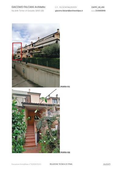 DIRITTO IN VENDITA Quota pari a 1/1 del diritto di Piena Proprietà, su un appartamento di 8,5 vanicorredato da n. 3 unità immobiliari ad uso autorimessa, posti rispettivamente su due livelli fuori terra piùun livello seminterrato di un blocco residenziale della tipologia “a Schiera”, siti in GROSSETO (GR), ViaHeba n. 28, classe energetica D.