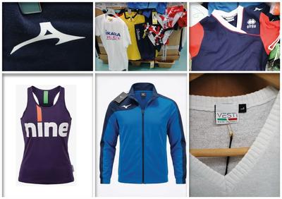 Lotto 2: cospicuo lotto di 809 pz. per l'abbigliamento sportivo di varie marche e tipologie di sport come tute, magliette, pantaloncini, calze, calzettoni, ecc. di cui diversi già "Brandizzati" (nuovi)