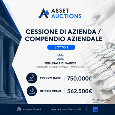 Cessione dell’intero ramo/compendio aziendale di MIRAGE S.P.A. in Liquidazione Giudiziale, operante nel settore dell’occhialeria, comprensivo, nei limiti risultanti dagli atti di procedura, di ramo produttivo, macchinari e impianti, beni immateriali e segni distintivi, magazzino e rimanenze, nonché dei rapporti giuridici trasferibili. Il tutto come individuato e descritto nella perizia estimativa del dott. Nicola Modugno del 15/07/2026 e nella documentazione allegata.