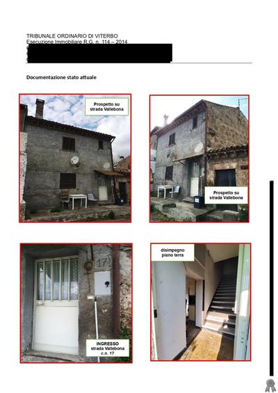 Appartamento ad uso di abitazione in Comune di Viterbo Fraz. Grotte Santo Stefano Str. Vallebona,10 (VT) censito all’A.d.E. – Territorio – Sez. Fabbricati piano T-1° Foglio 31 part.lla 337 subalterno 4 (ex Foglio 13 n. 70/4).Non presente agli atti amministrativi comunali certificato di agibilità. piano terra  cucina con camino, camera e minimo servizio igienico, con scala interna si raggiunge il piano 1° dove sono ubicate 2 camere e un servizio igienico completo di tutti gli apparecchi igienico-sanitari.