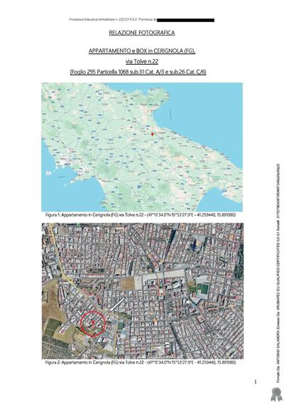 Piena proprietà per la quota di 1/1 di in appartamento per civile abitazione con doppia esposizione posto al piano terzo (piano sottotetto – quarto fuori terra) interno 5 scala “A” più Box auto a piano terra, facenti parte di un fabbricato di quattro piani fuori terra, ed un piano interrato, in abitato del comune di Cerignola (FG), tra le vie Tolve, Rapolla e Policoro