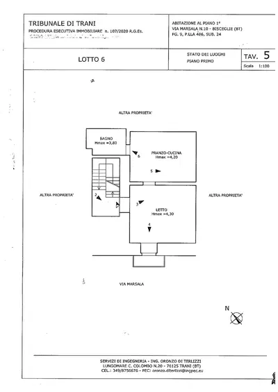 -Piena proprietà per la quota di 1000/1000 di appartamento sito in Bisceglie (BT) in Via Marsala n. 10, posto al primo piano della superficie lorda di mq 80,55. Identificato in Catasto fabbricati: partita 6747, foglio 9, particella 486, sub. 24, categoria A/4, classe 5, superficie catastale 75 mq., composto da vani 3,5.rendita 225,95. 
